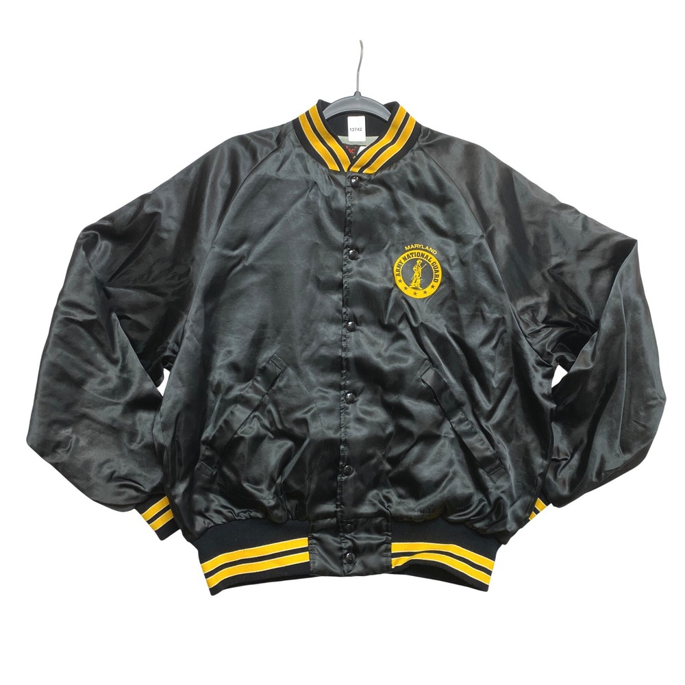 Maryland Army National Guard Bomber Jacket Mens L Black Varsity Satin Vintage